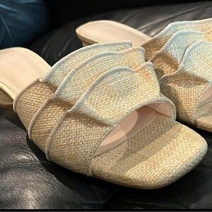 Woven Ruffle Slide Mules in Natural Straw